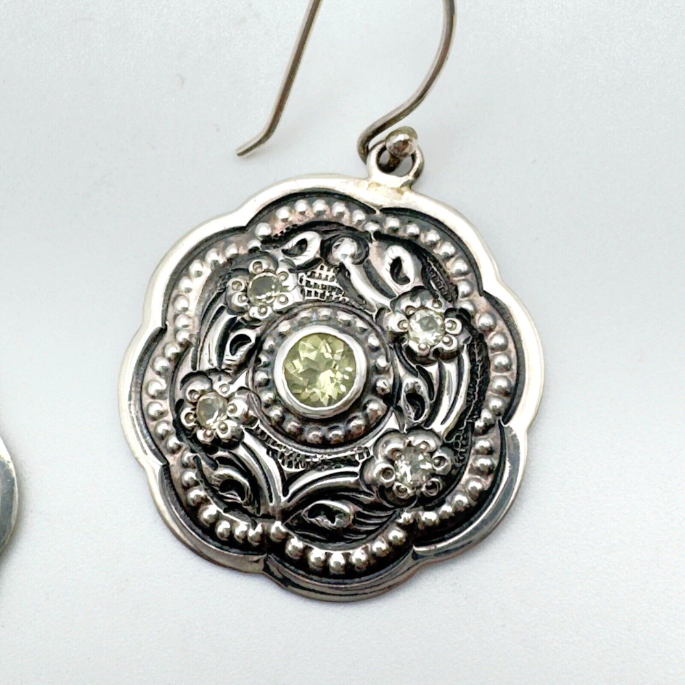 Sterling Silver 925 Peridot Flower Dangle Earrings Artisan August Oxidized 6g - Picture 3 of 10